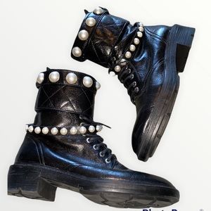 ⭐️Zara Leather Combat Boots with Pearl Detail⭐️